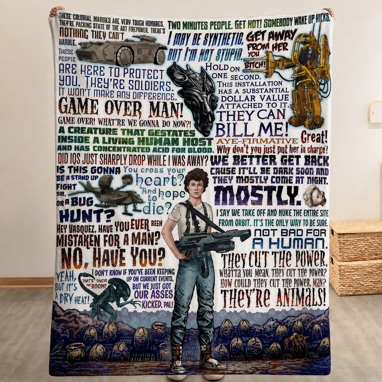 Aliens 1986 Not Bad For A Human Christmas Blanket - Horror Sci-fi Movie Sherpa Blanket Gift for Fans