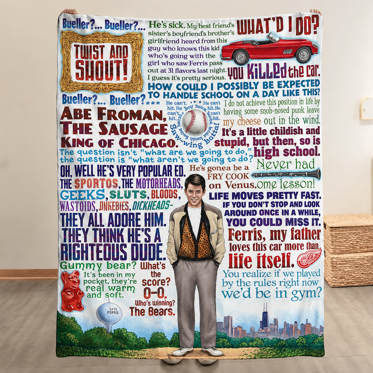 Ferris Bueller's Day Off Life Moves Pretty Fast Christmas Blanket - Comedy Movie Sherpa Blanket Gift for Fans