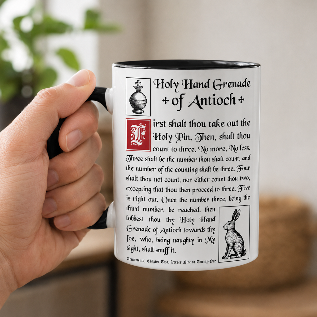 Holy Hand Grenade Funny Accent Mug - Monty Python and the Holy Grail Edge-to-Edge Printed Two-Tone Mug