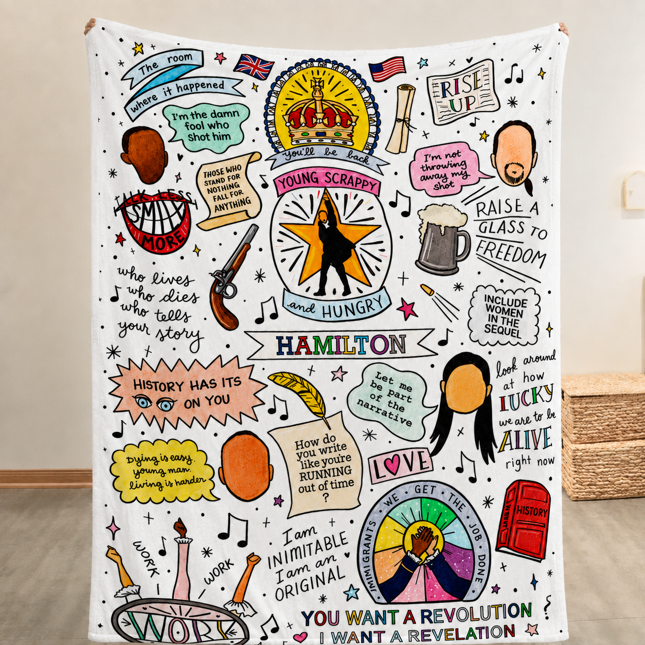 Hamilton Doodle Christmas Blanket - Musical Movie Sherpa Blanket Gift for Fans