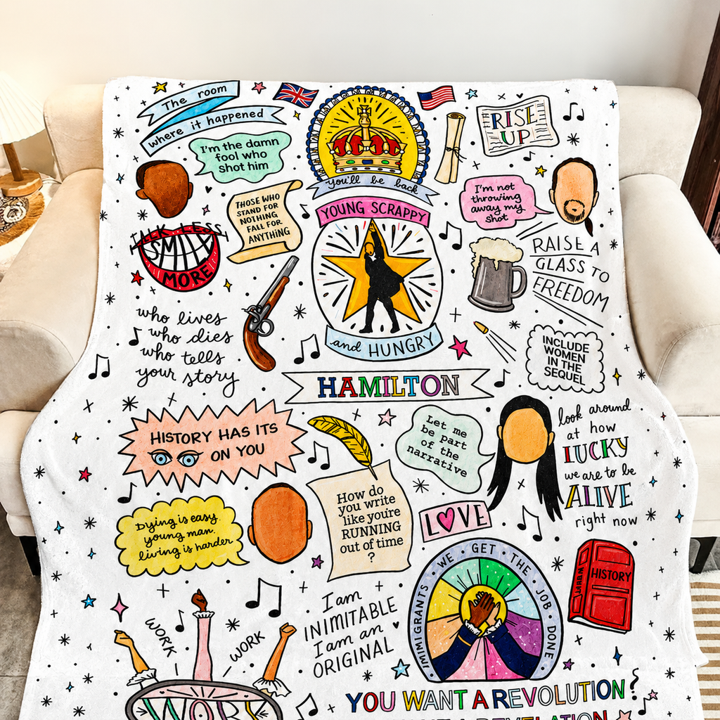 Hamilton Doodle Christmas Blanket - Musical Movie Sherpa Blanket Gift for Fans