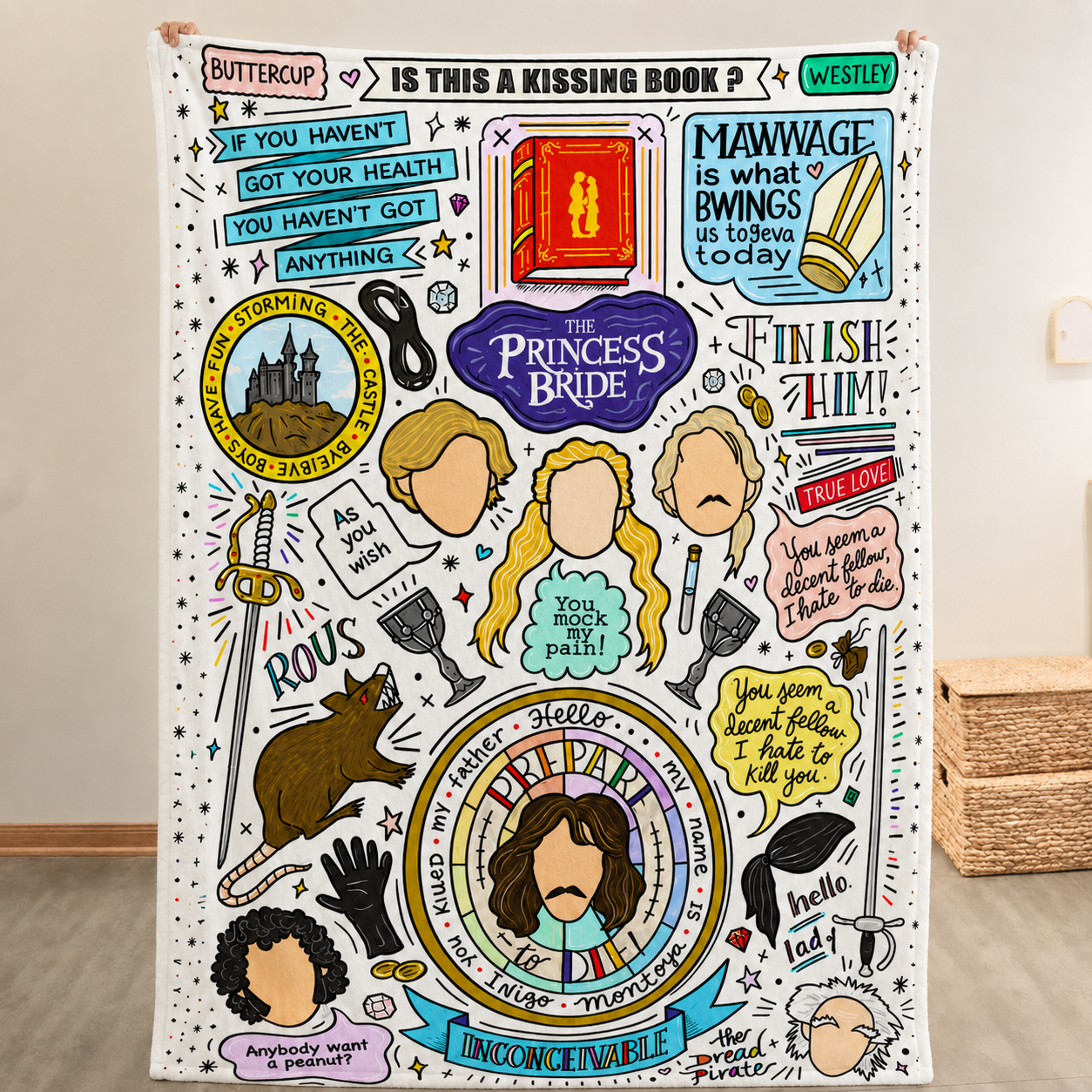 Princess Bride Doodle Christmas Blanket - Romantic Comedy Movie Sherpa Blanket Gift for Fans
