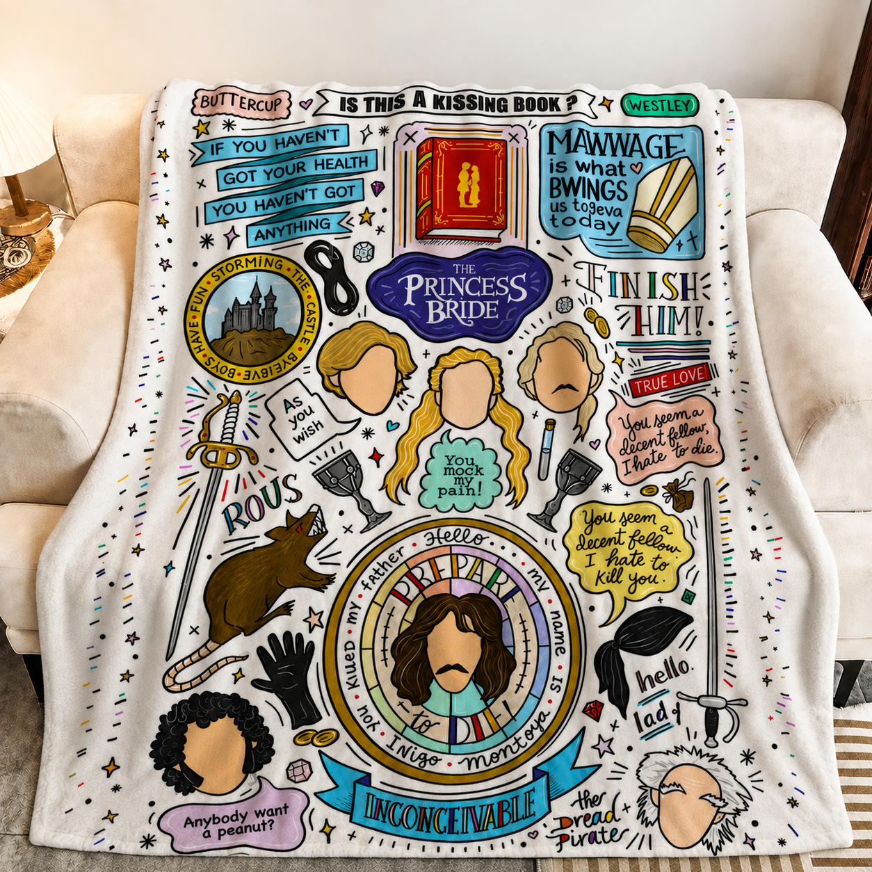 Princess Bride Doodle Christmas Blanket - Romantic Comedy Movie Sherpa Blanket Gift for Fans