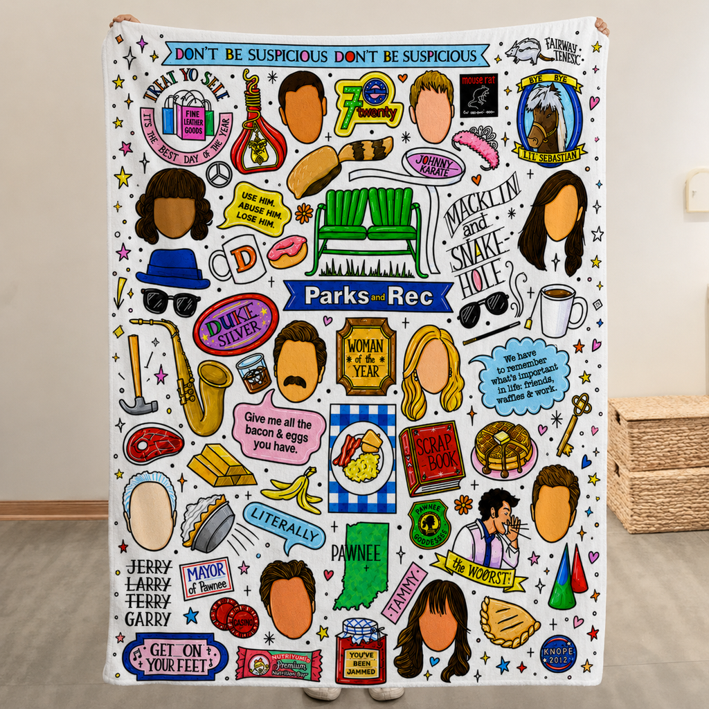 Parks And Recreation Doodle Christmas Blanket - Sitcom Series Sherpa Blanket Gift for Fans
