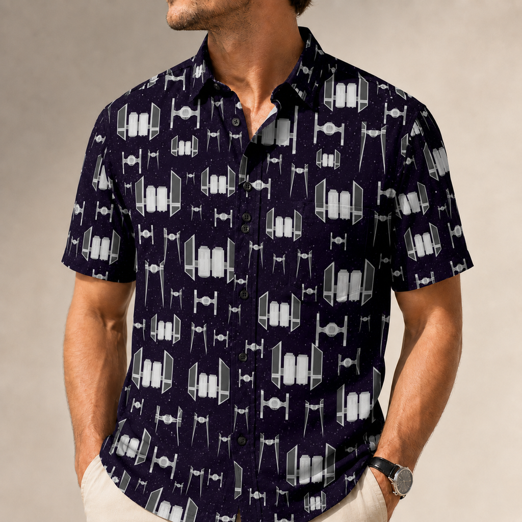 TIE Fighter Spaceships Pattern Hawaiian Shirt with Pocket - Galactic Button Down Shirt