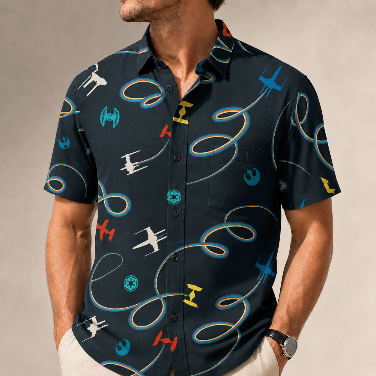 Galaxy Spaceships Pattern Hawaiian Shirt with Pocket - Galactic Button Down Shirt