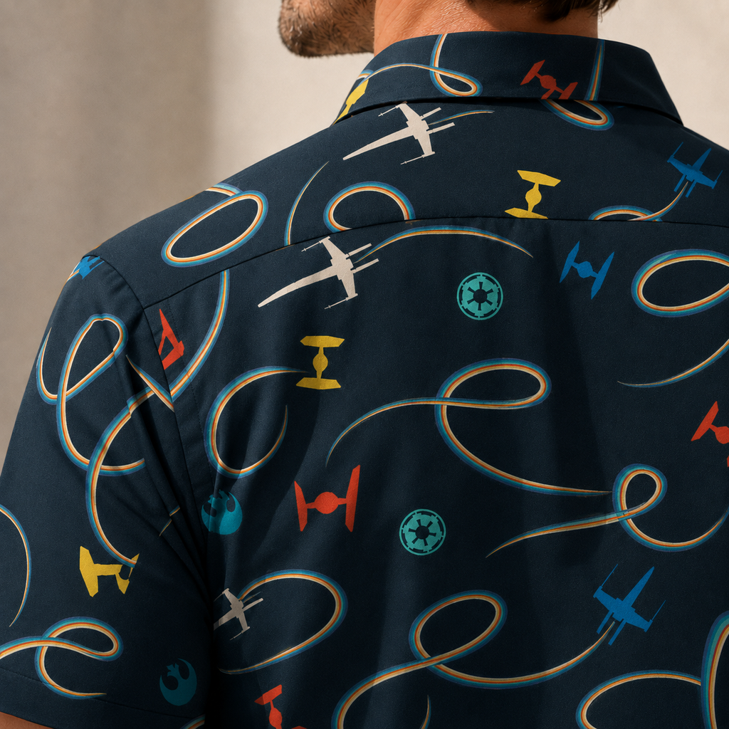 Galaxy Spaceships Pattern Hawaiian Shirt with Pocket - Galactic Button Down Shirt