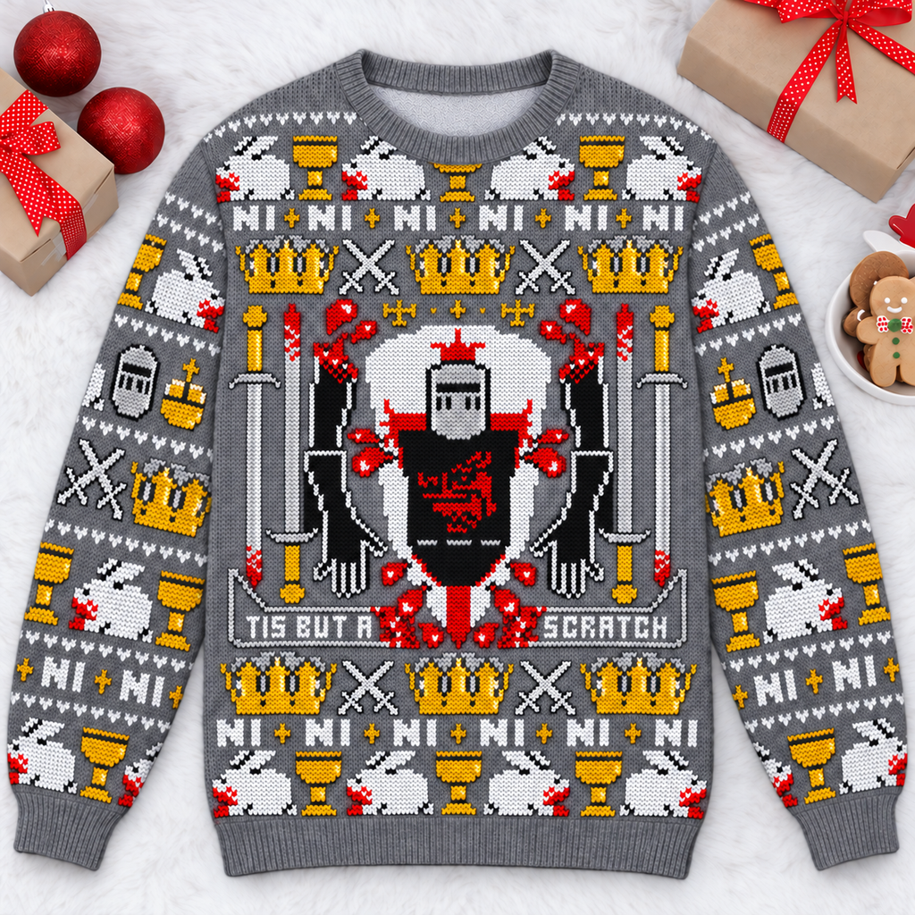 Tis But A Scratch Black Knight Ugly Christmas Sweater - Monty Python Vintage Gift For Fans