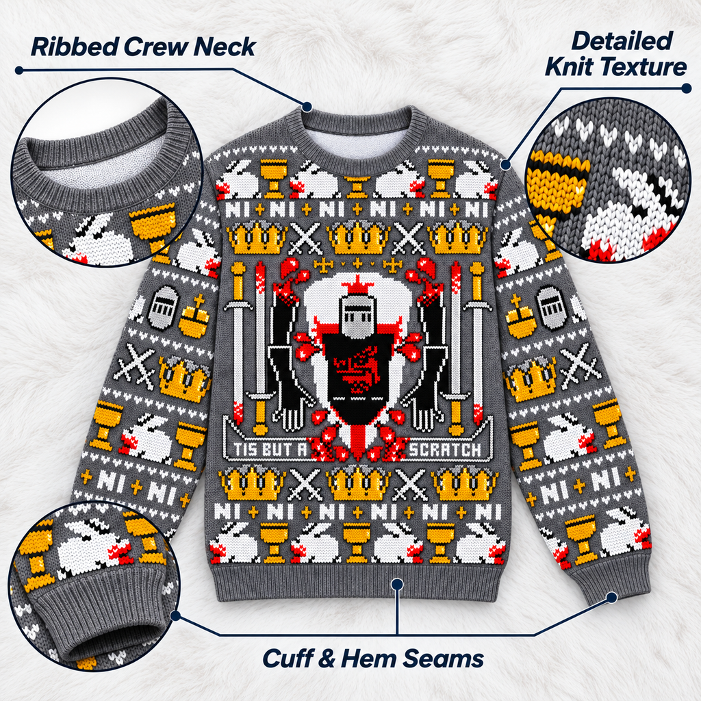 Tis But A Scratch Black Knight Ugly Christmas Sweater - Monty Python Vintage Gift For Fans