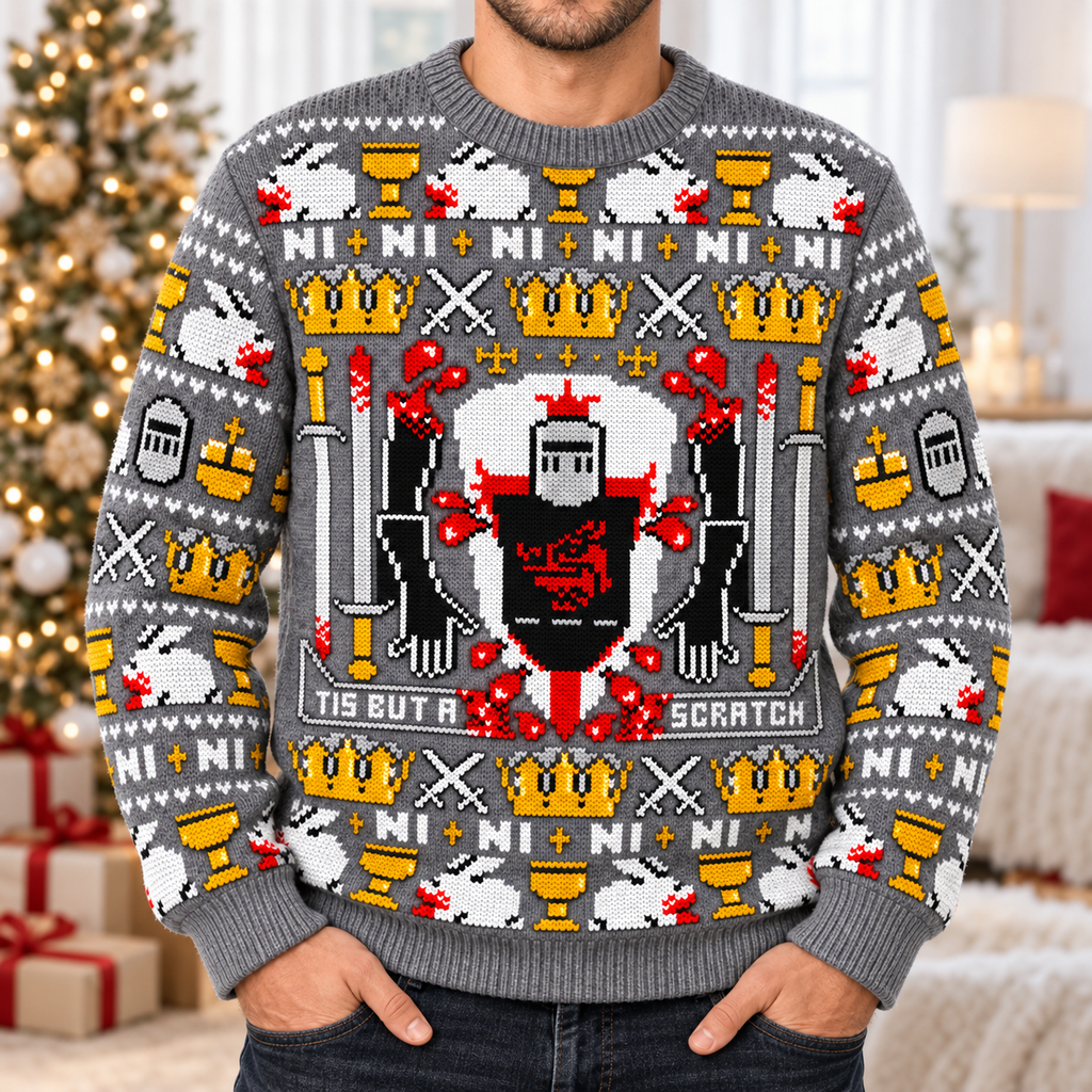Tis But A Scratch Black Knight Ugly Christmas Sweater - Monty Python Vintage Gift For Fans