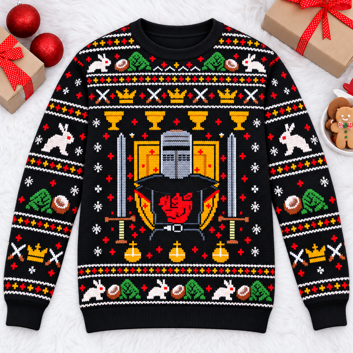 Black Knight Sword & Shield Ugly Christmas Sweater - Monty Python Vintage Gift For Fans