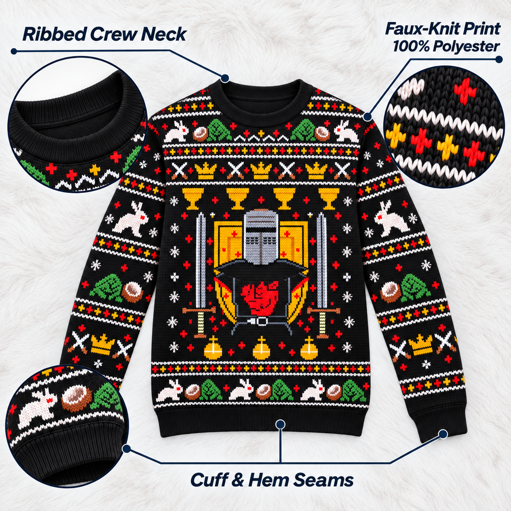 Black Knight Sword & Shield Ugly Christmas Sweater - Monty Python Vintage Gift For Fans
