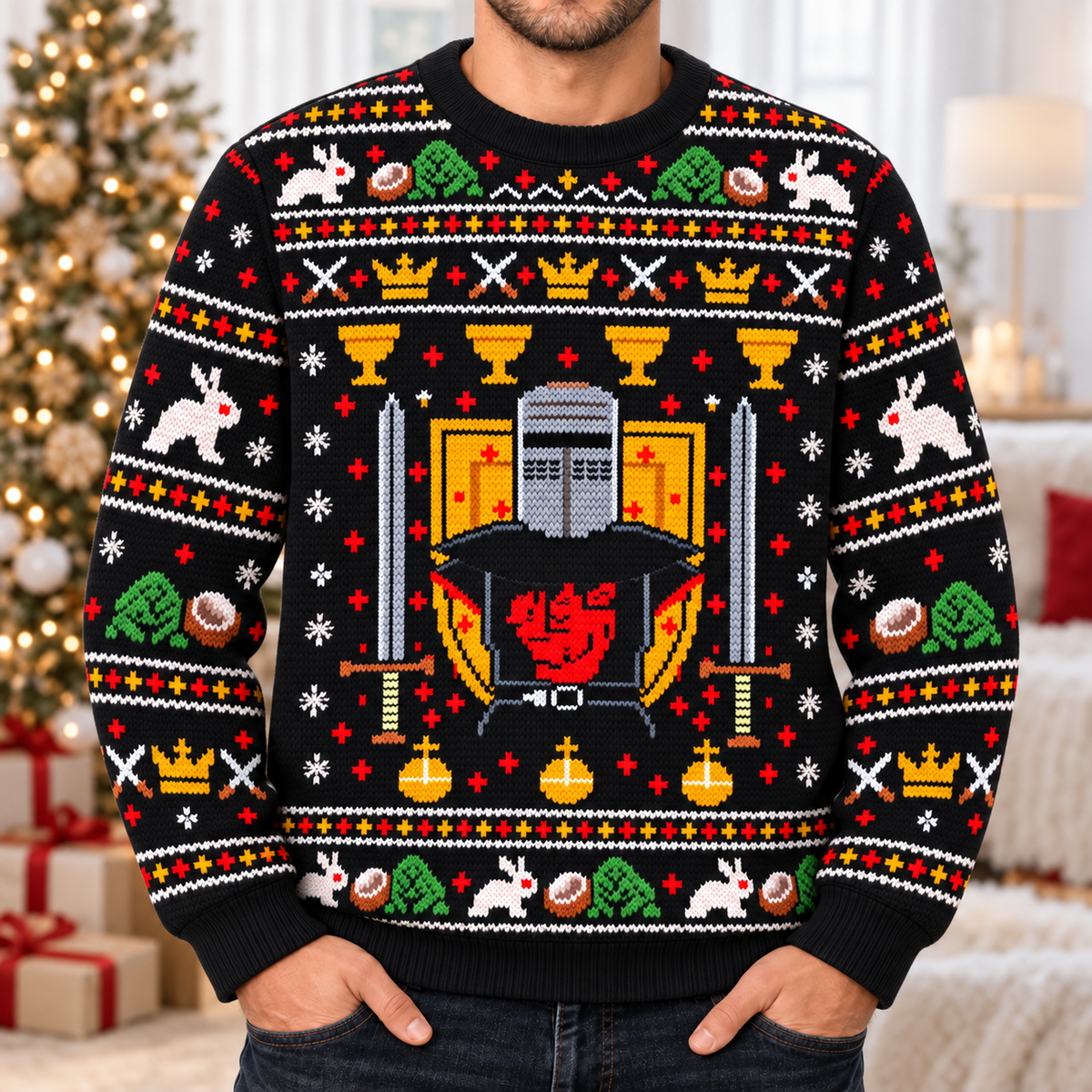 Black Knight Sword & Shield Ugly Christmas Sweater - Monty Python Vintage Gift For Fans