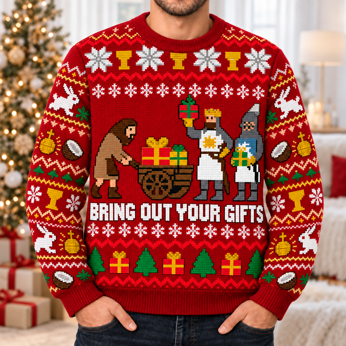 Bring Out Your Gifts Ugly Christmas Sweater - Monty Python Vintage Gift For Fans