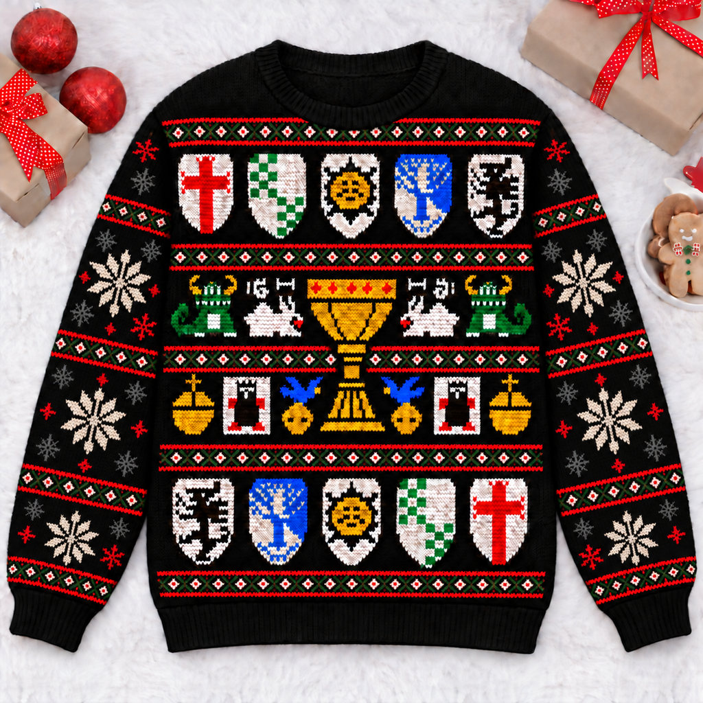 Holy Grail Shields & Chalice Ugly Christmas Sweater - Monty Python Vintage Gift For Fans