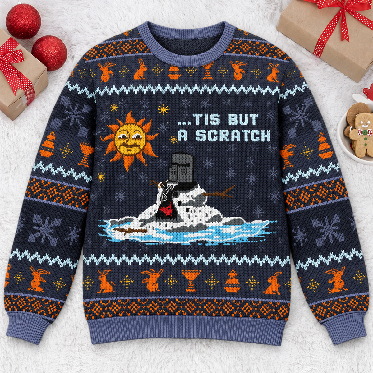 Tis But A Scratch Melting Knight Ugly Christmas Sweater - Monty Python Vintage Gift For Fans