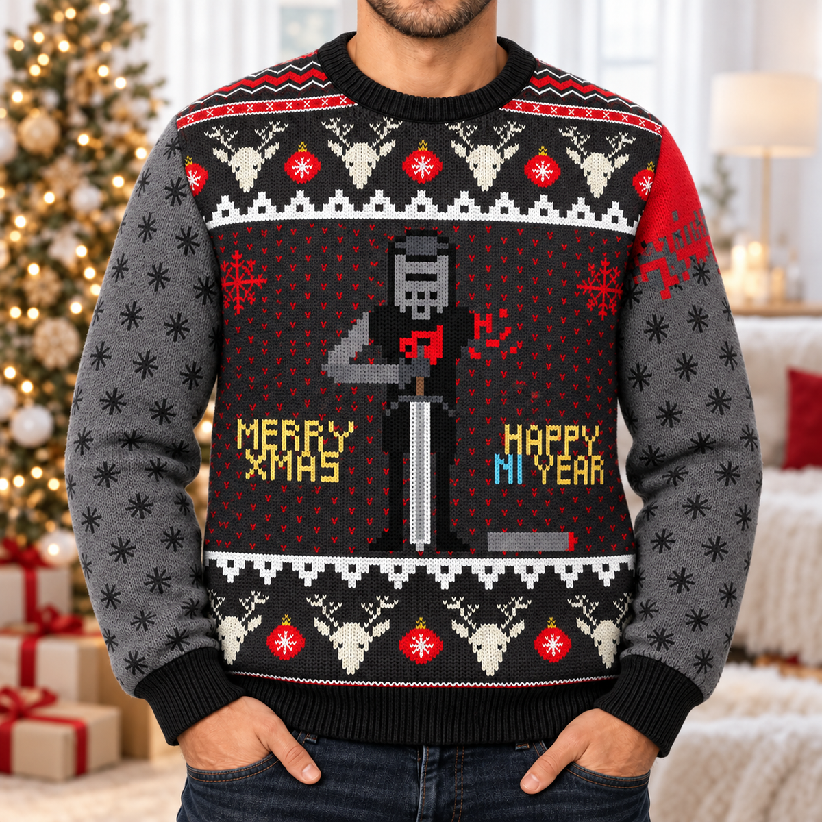 Merry Xmas & Happy Ni Year Black Knight Ugly Christmas Sweater - Monty Python Vintage Gift For Fans