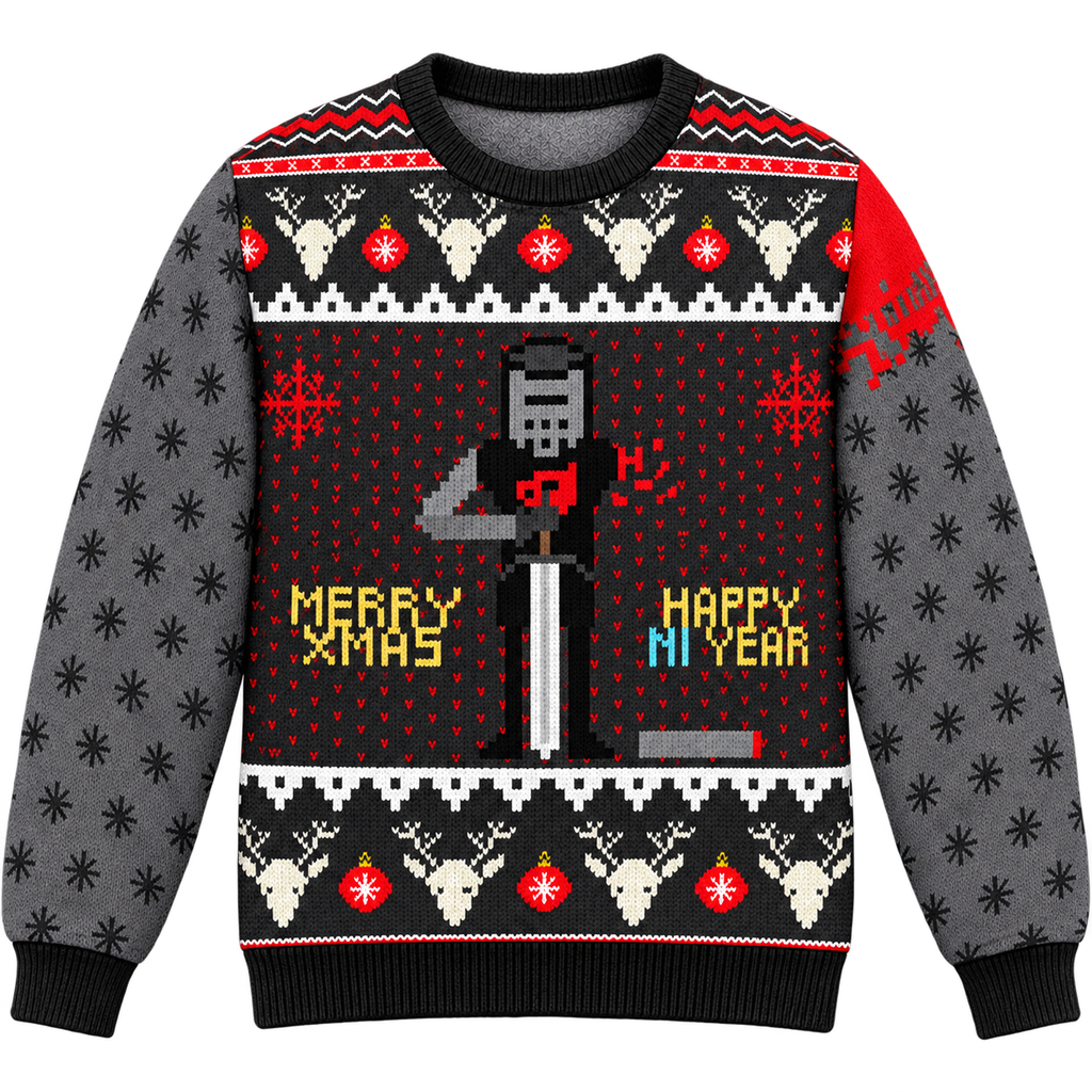 Merry Xmas & Happy Ni Year Black Knight Ugly Christmas Sweater - Monty Python Vintage Gift For Fans