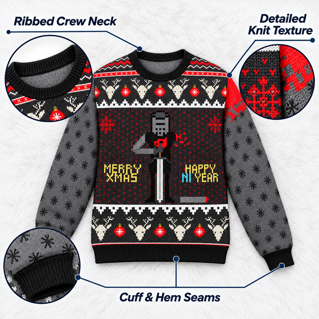 Merry Xmas & Happy Ni Year Black Knight Ugly Christmas Sweater - Monty Python Vintage Gift For Fans