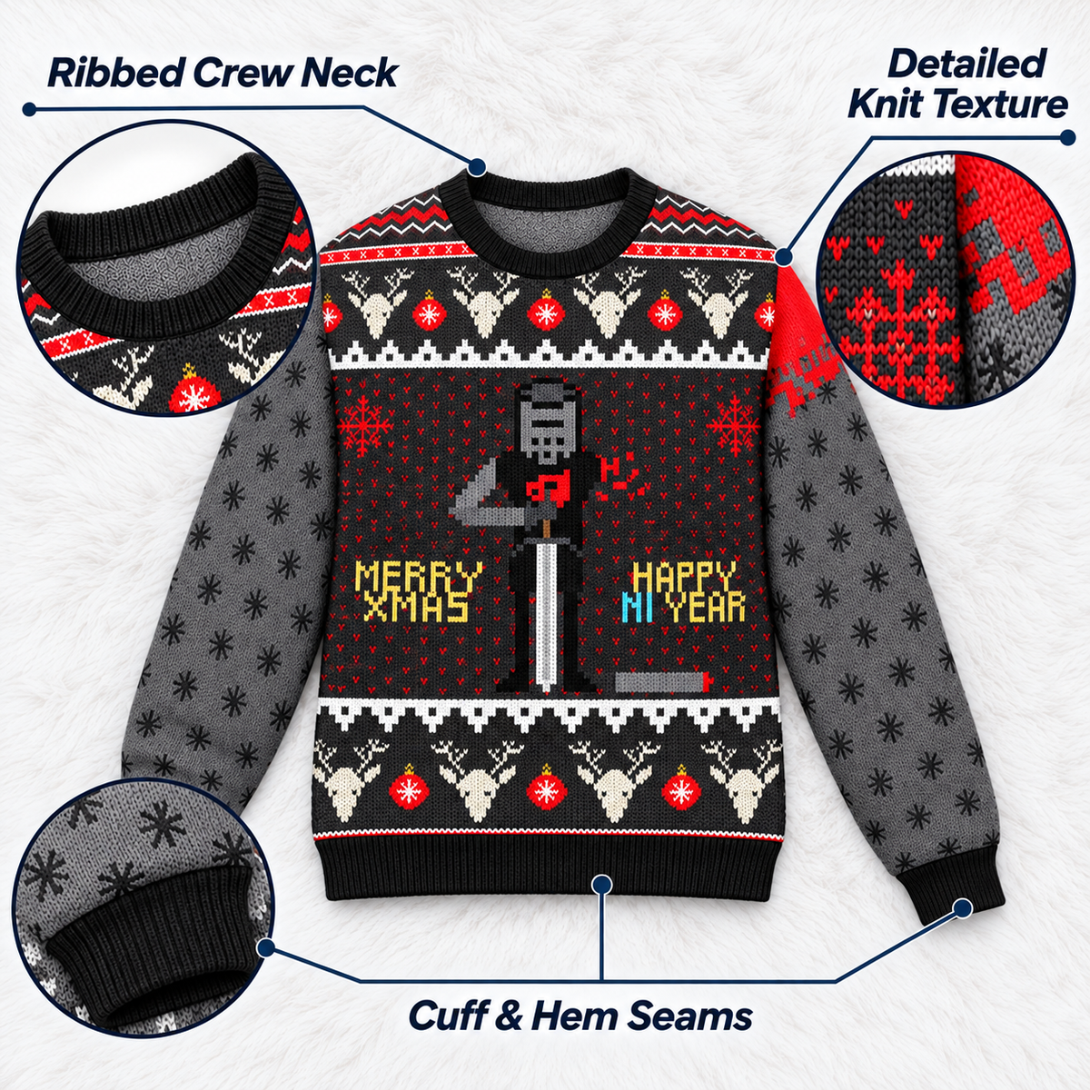 Merry Xmas & Happy Ni Year Black Knight Ugly Christmas Sweater - Monty Python Vintage Gift For Fans