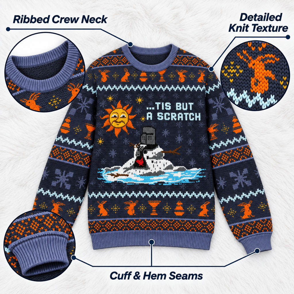 Tis But A Scratch Melting Knight Ugly Christmas Sweater - Monty Python Vintage Gift For Fans