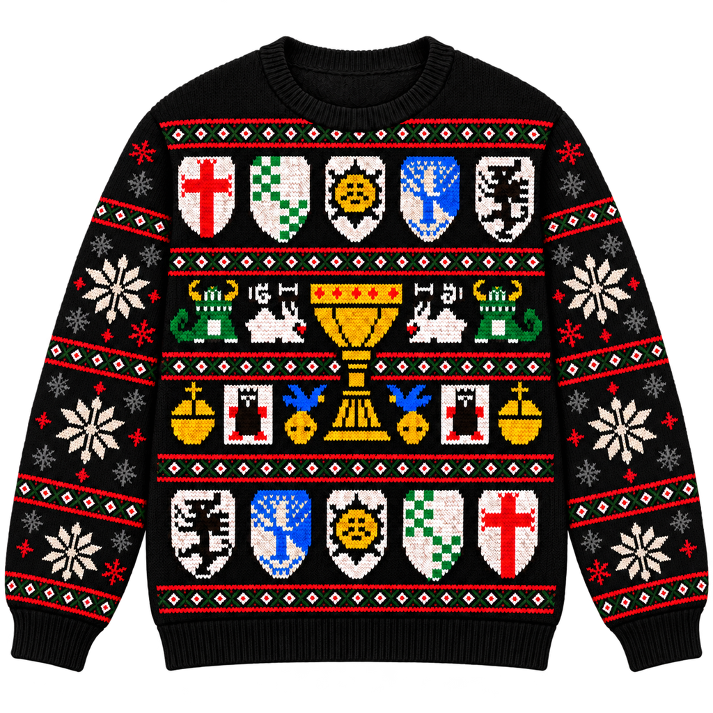 Holy Grail Shields & Chalice Ugly Christmas Sweater - Monty Python Vintage Gift For Fans