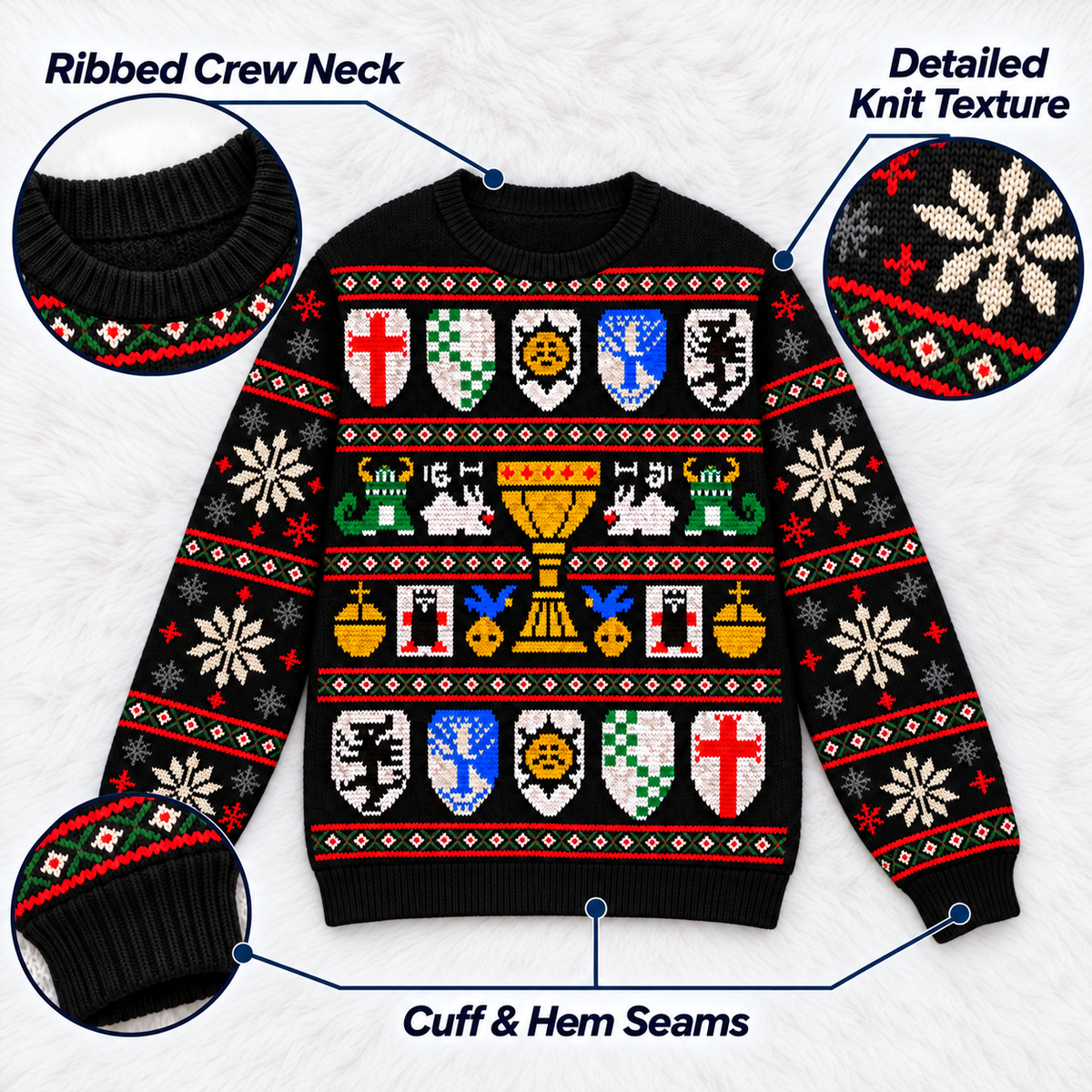 Holy Grail Shields & Chalice Ugly Christmas Sweater - Monty Python Vintage Gift For Fans
