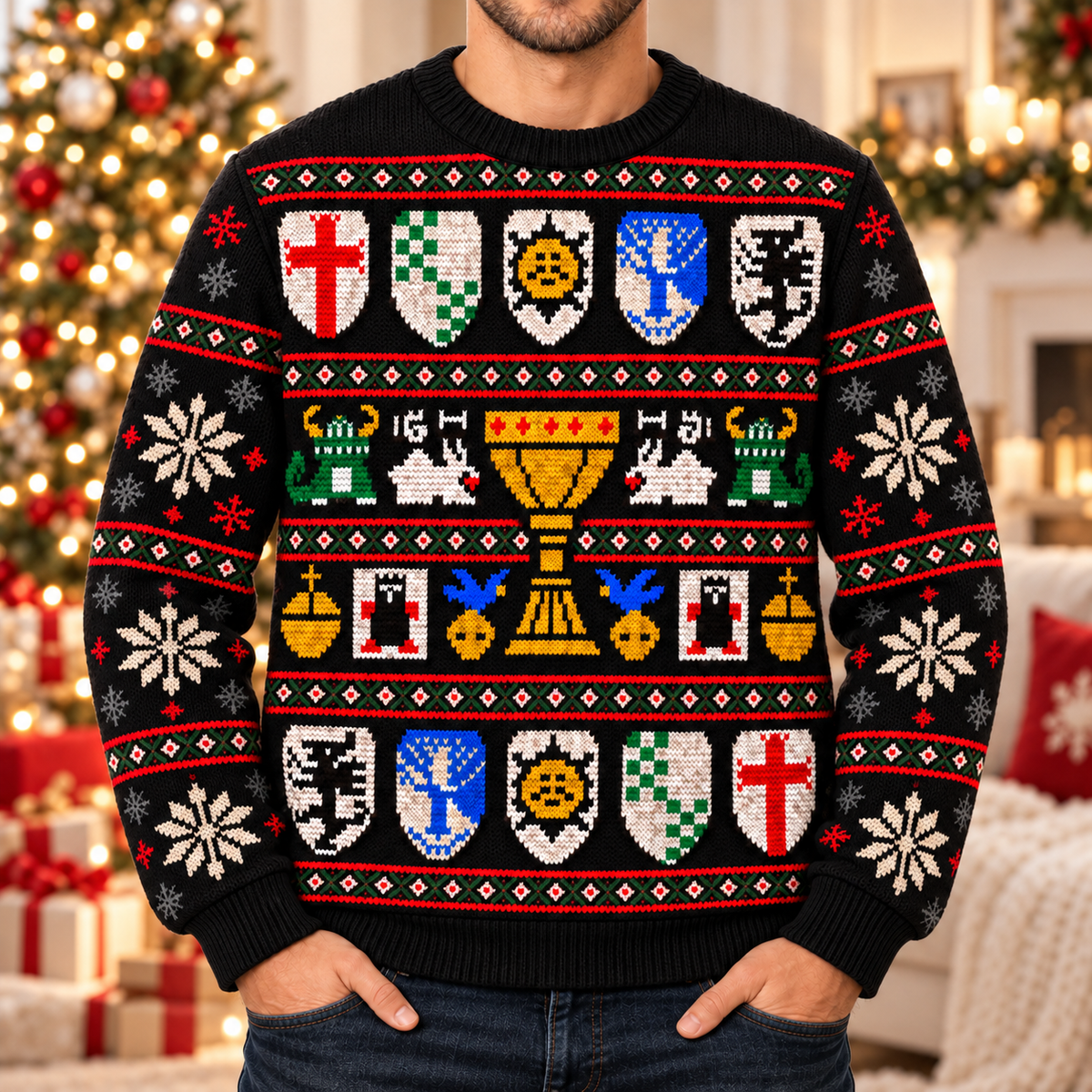Holy Grail Shields & Chalice Ugly Christmas Sweater - Monty Python Vintage Gift For Fans