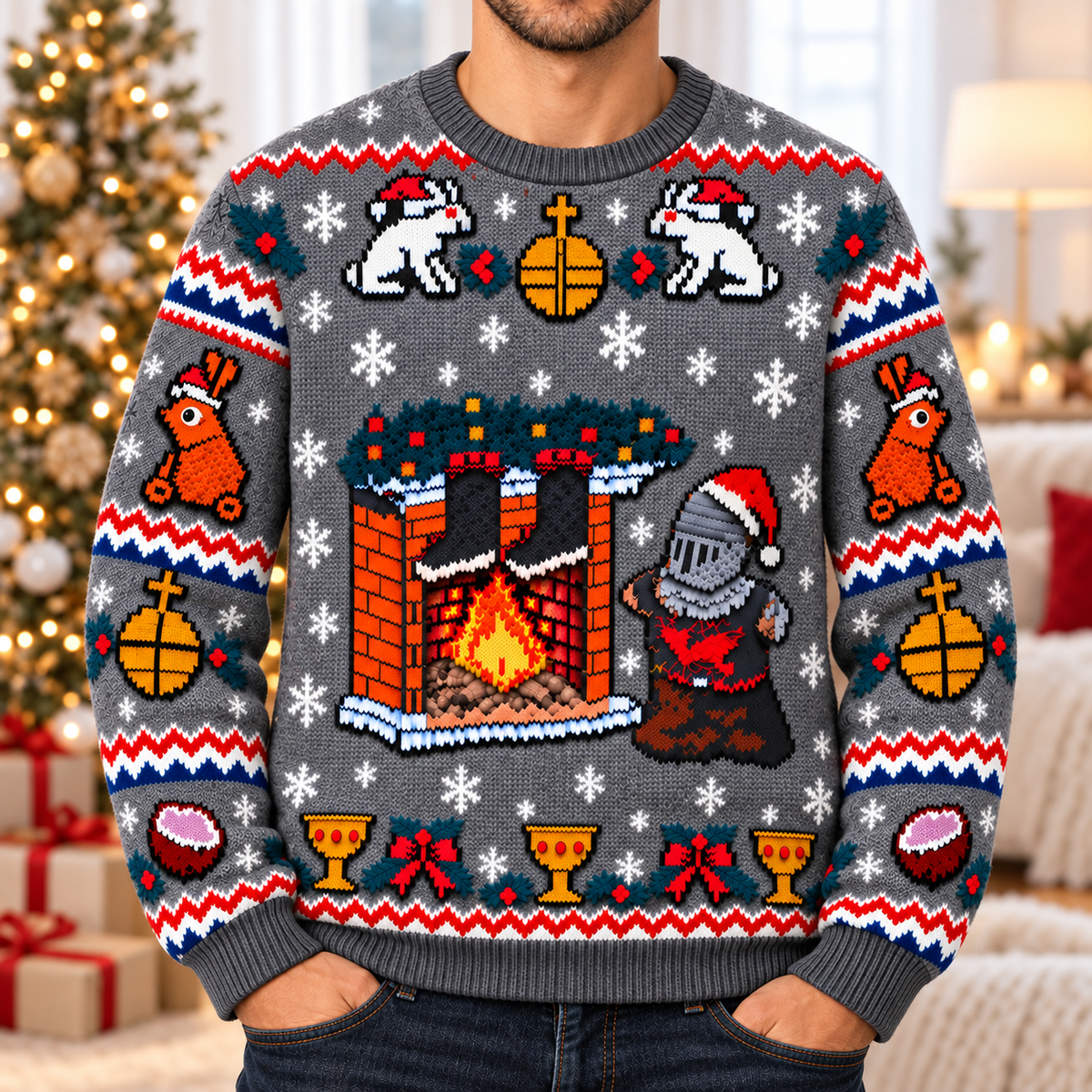 Black Knight Cozy Fireside Ugly Christmas Sweater - Monty Python Vintage Gift For Fans