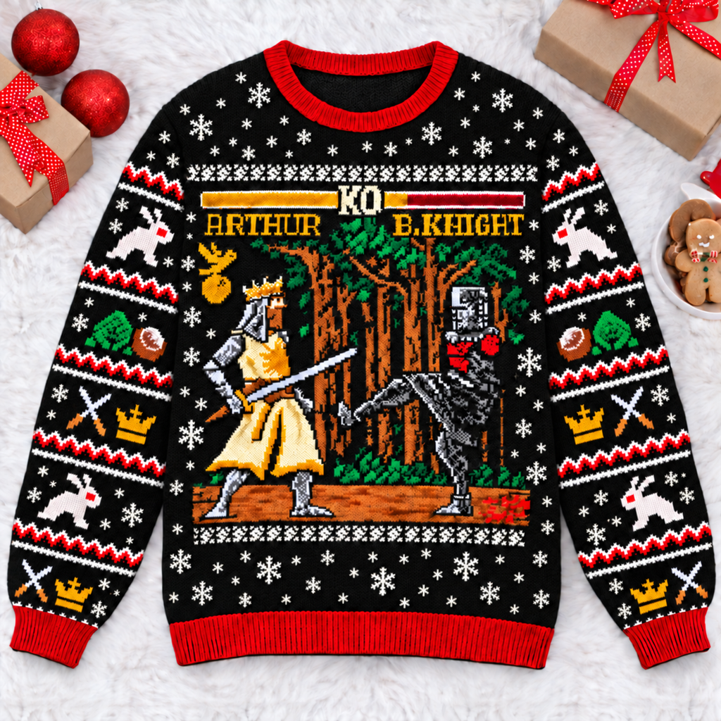 King Arthur vs Black Knight Arcade Battle Ugly Christmas Sweater - Monty Python Vintage Gift For Fans