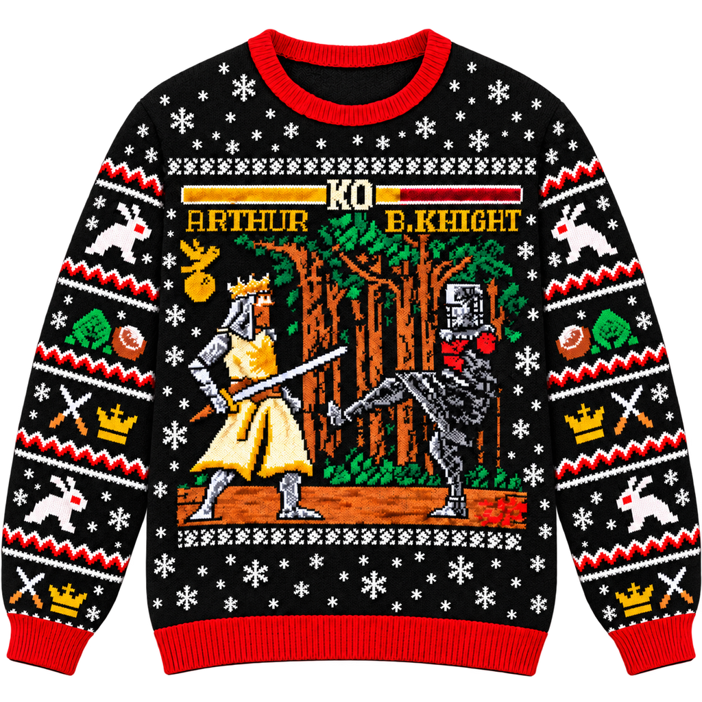 King Arthur vs Black Knight Arcade Battle Ugly Christmas Sweater - Monty Python Vintage Gift For Fans