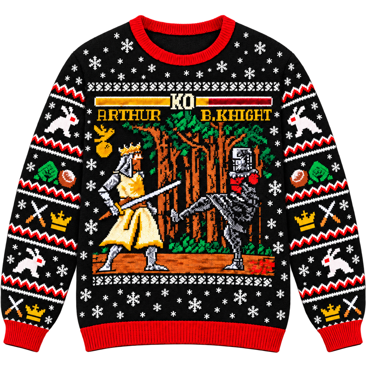 King Arthur vs Black Knight Arcade Battle Ugly Christmas Sweater - Monty Python Vintage Gift For Fans