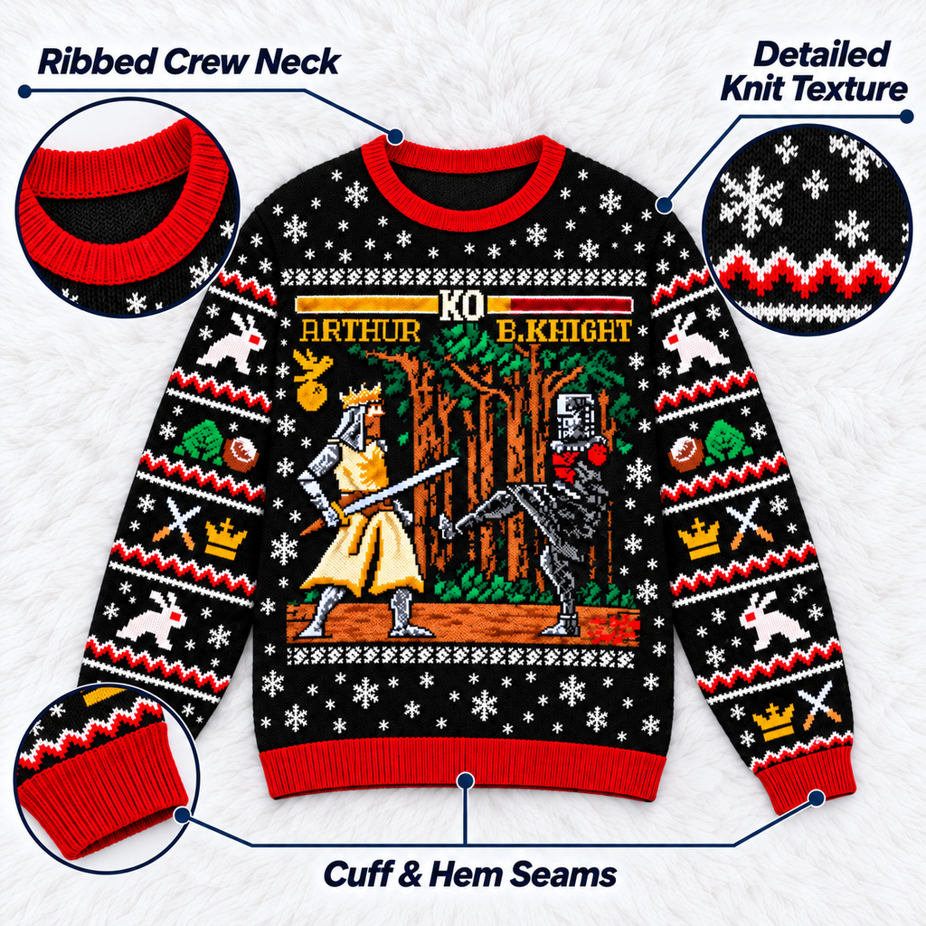 King Arthur vs Black Knight Arcade Battle Ugly Christmas Sweater - Monty Python Vintage Gift For Fans
