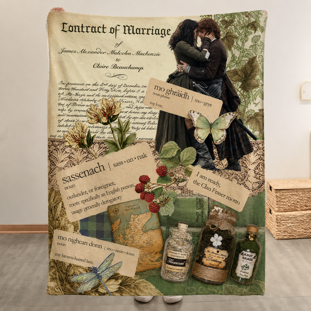Outlander Illustrated Christmas Blanket - Fantasy Romance Series Sherpa Blanket Gift for Fans