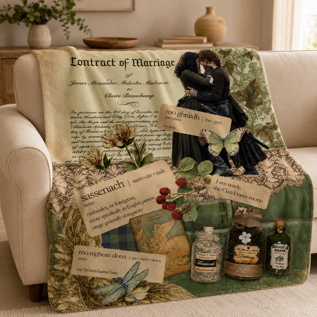 Outlander Illustrated Christmas Blanket - Fantasy Romance Series Sherpa Blanket Gift for Fans