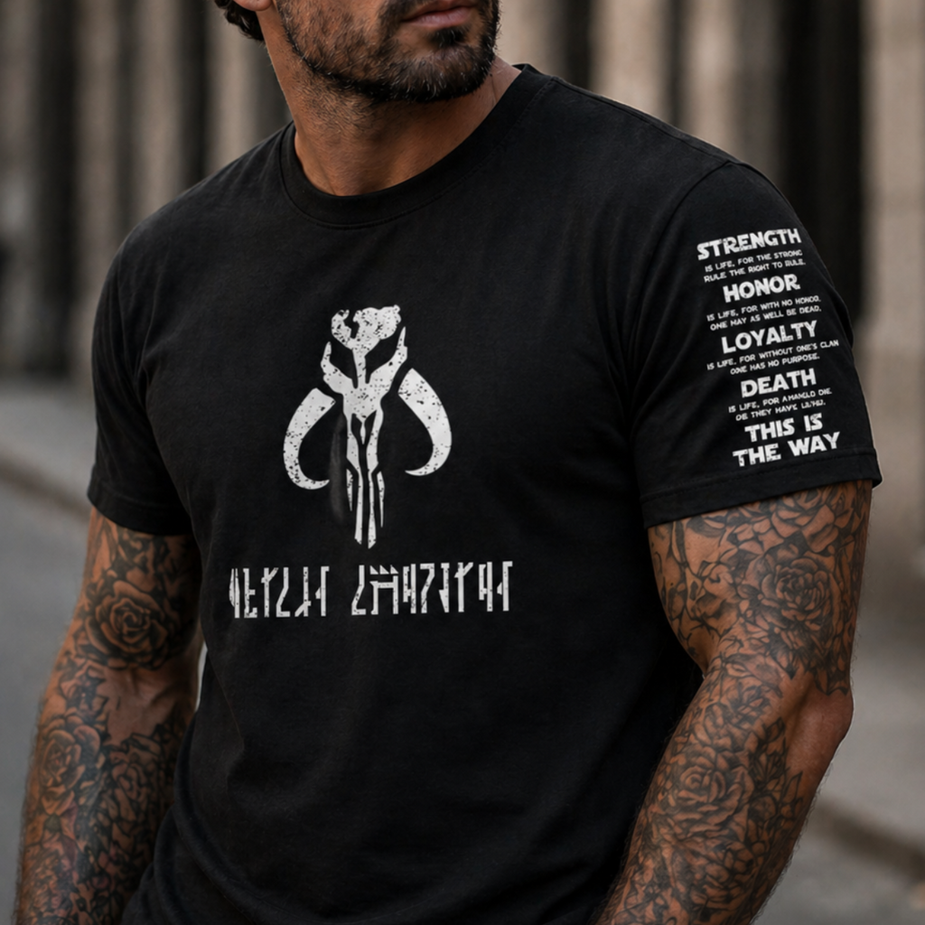 Custom Name in Aurebesh/Mando'a and Star Wars Code Sleeve Printed Shirt - Personalized Shirt and Sleeve