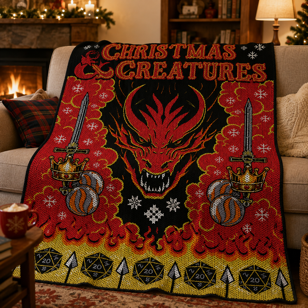 Christmas And Creatures Christmas Blanket - DnD Christmas Sherpa Blanket Gift for Fans