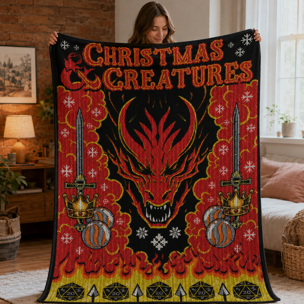Christmas And Creatures Christmas Blanket - DnD Christmas Sherpa Blanket Gift for Fans