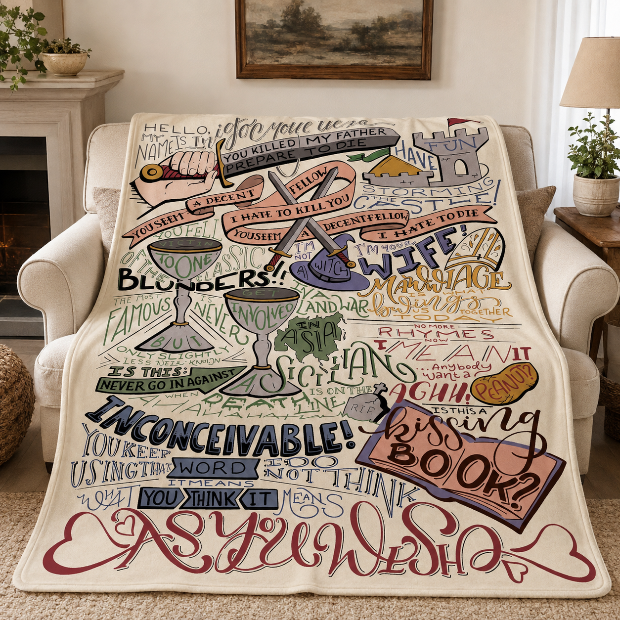 Princess Bride Quotes Art Blanket - Classic Movie Art Christmas Sherpa Blanket Gift for Fans