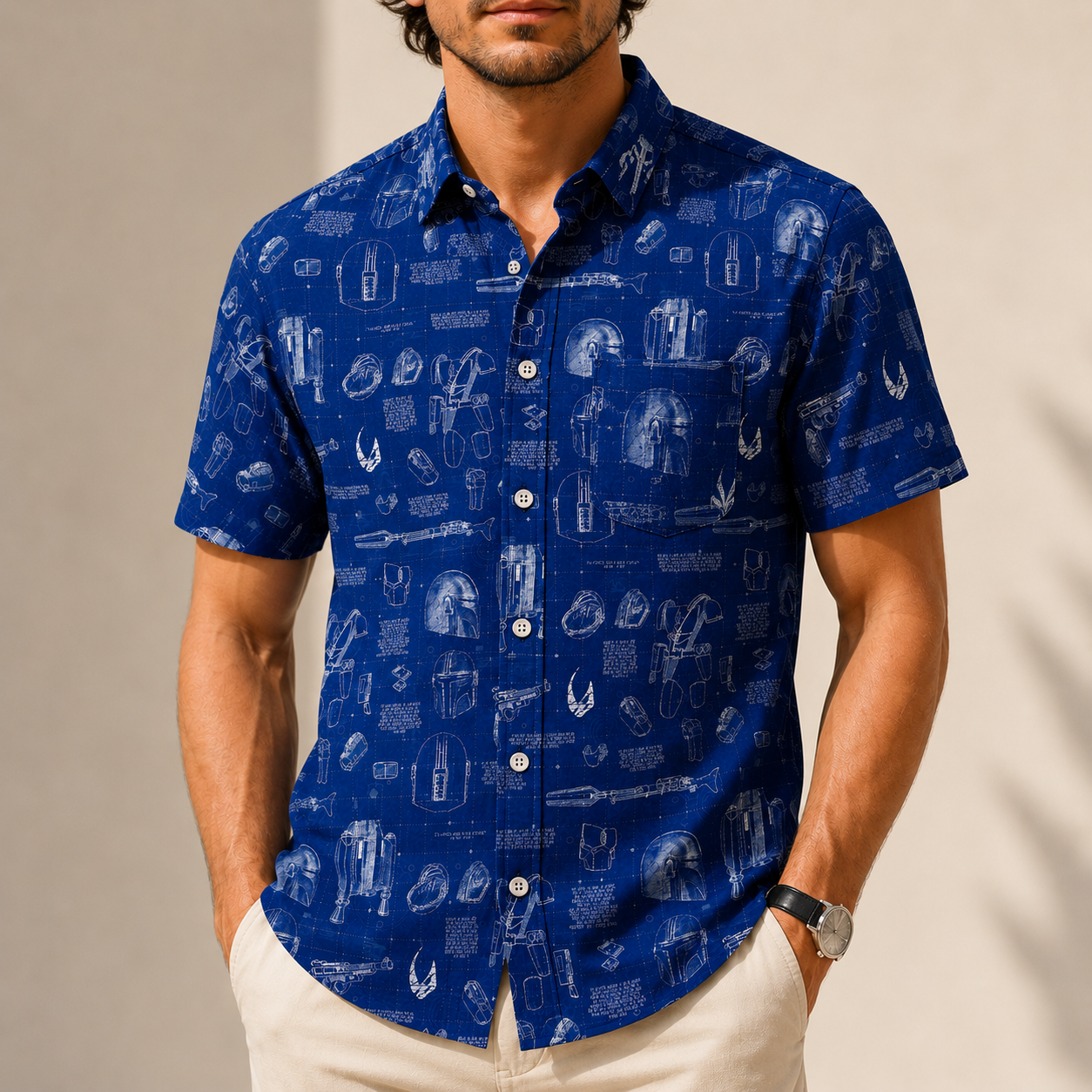 Mandalorian Equipment Blueprint Hawaiian Shirt with Pocket - Star Wars Schematic Button Down Shirt