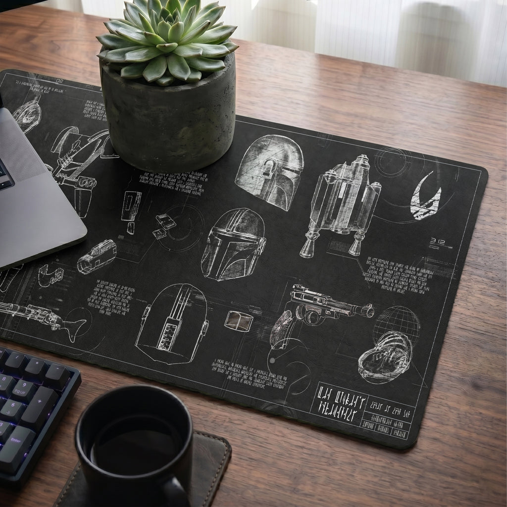 Mandalorian Equipment Blueprint Desk Mat - Star Wars Office Accessory Father's Day Gift