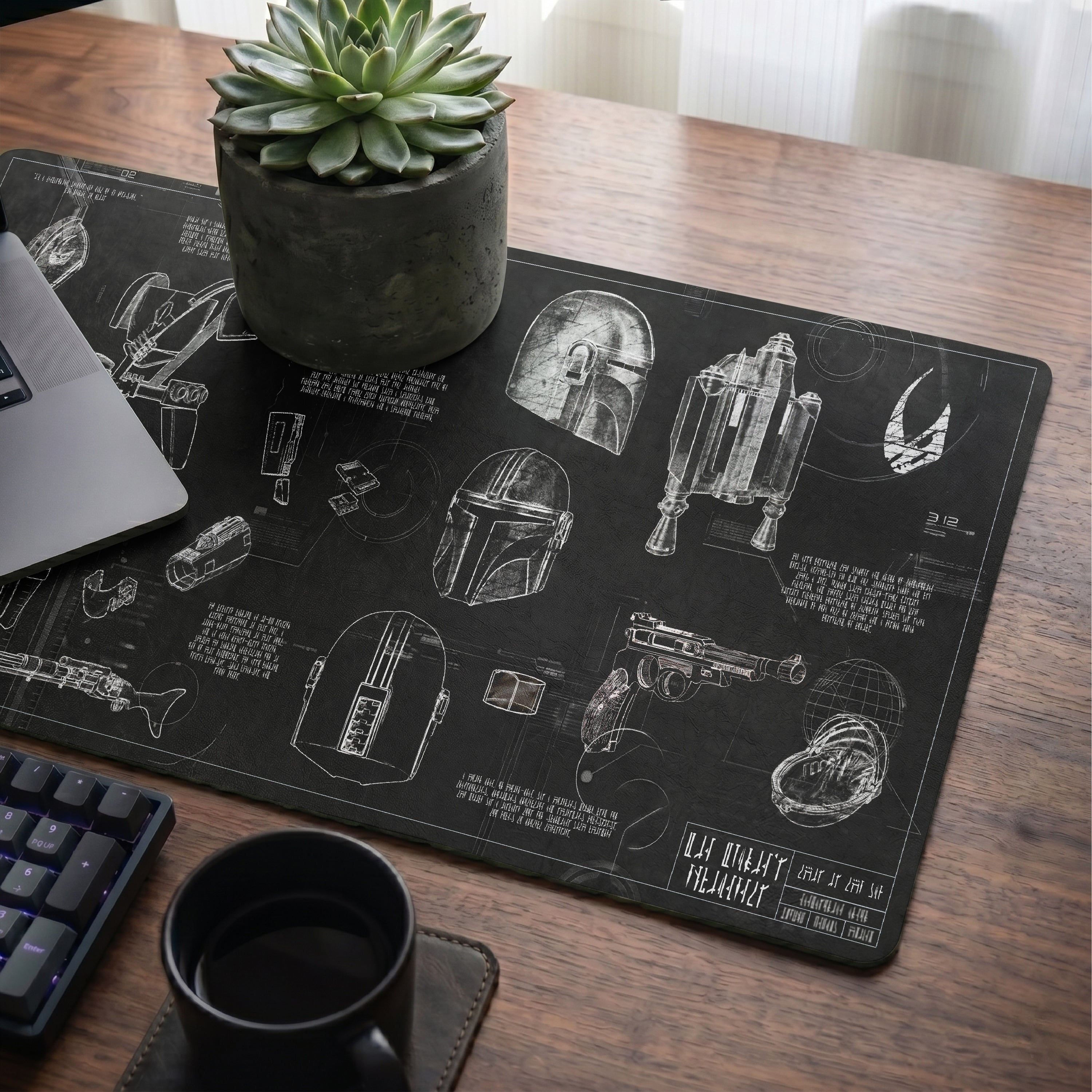 Mandalorian Equipment Blueprint Desk Mat - Star Wars Office Accessory Father's Day Gift