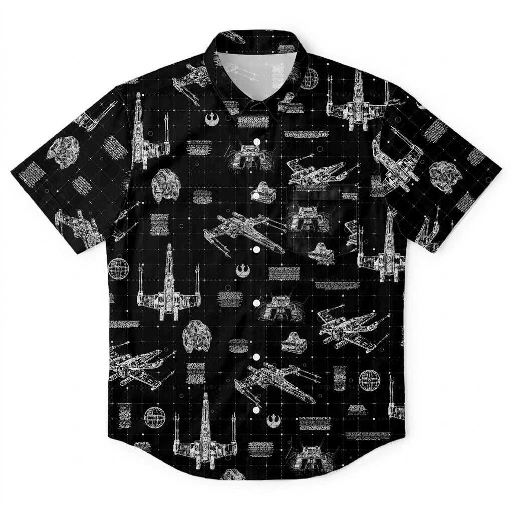 T-65B X-Wing Starfighter Blueprint Hawaiian Shirt with Pocket - Star Wars Schematic Button Down Shirt