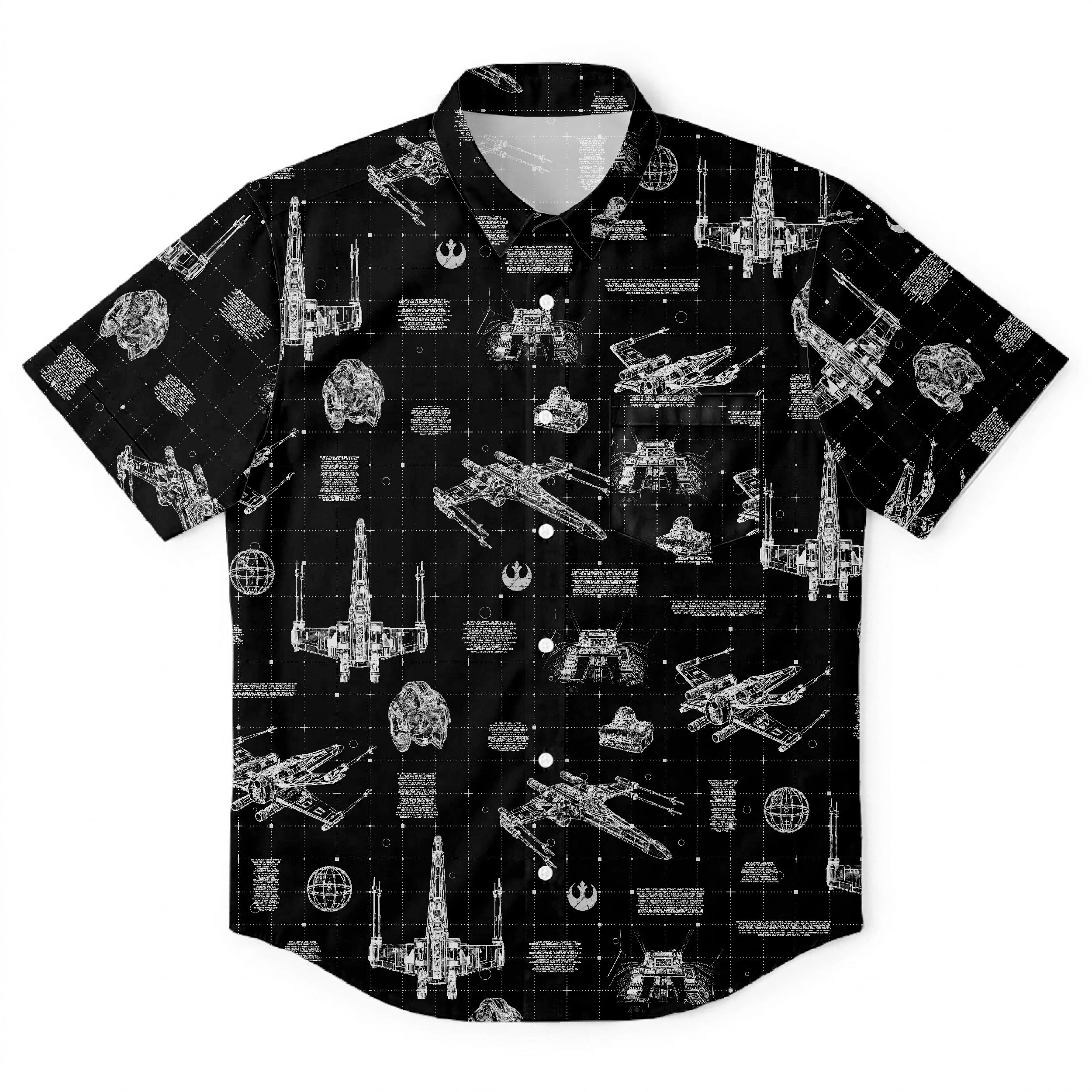 T-65B X-Wing Starfighter Blueprint Hawaiian Shirt with Pocket - Star Wars Schematic Button Down Shirt