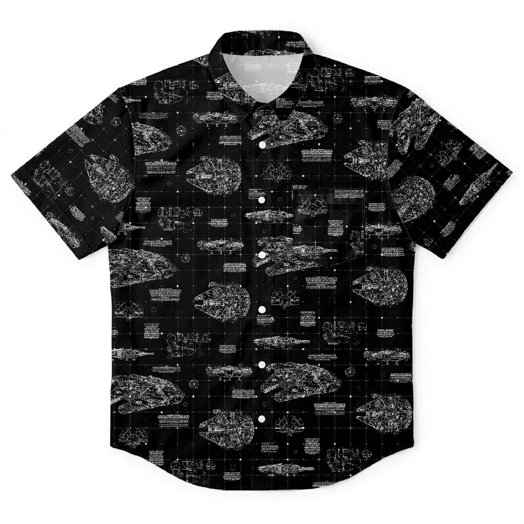 Millennium Falcon Blueprint Hawaiian Shirt with Pocket - Star Wars Schematic Button Down Shirt