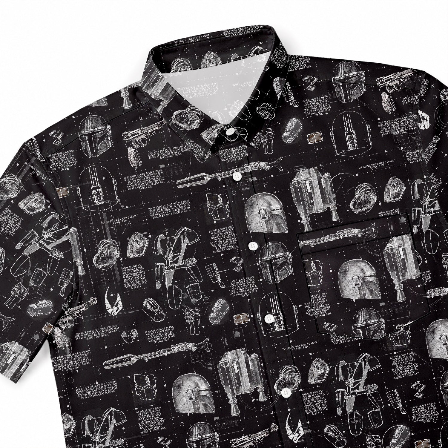 Mando Equipment Blueprint Hawaiian Shirt with Pocket - Galactic Schematic Button Down Shirt