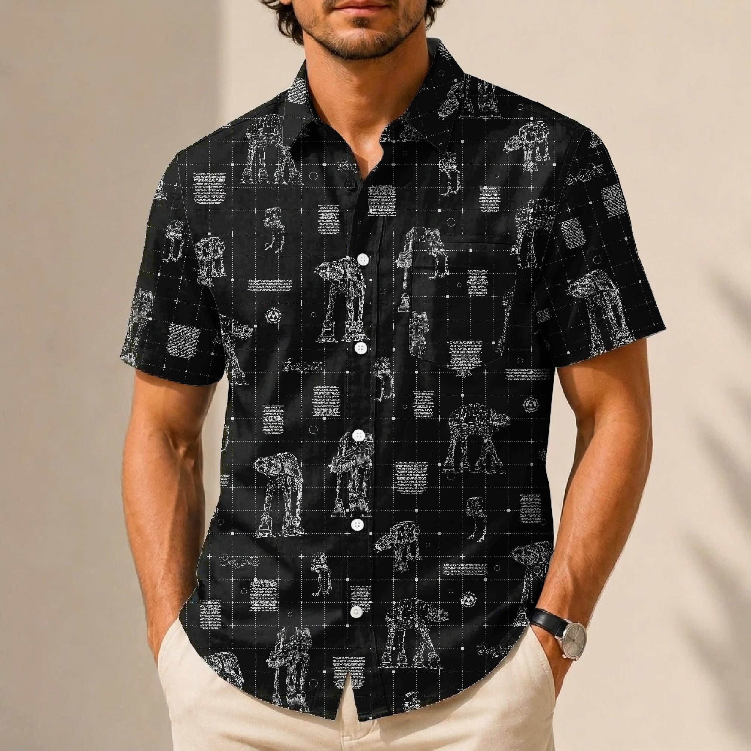 AT-AT Blueprint Hawaiian Shirt with Pocket - Star Wars Schematic Button Down Shirt