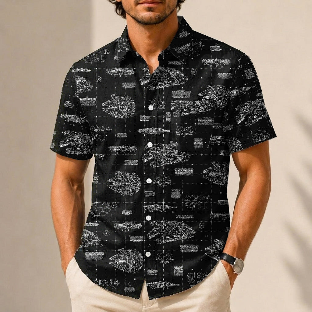 Millennium Falcon Blueprint Hawaiian Shirt with Pocket - Star Wars Schematic Button Down Shirt