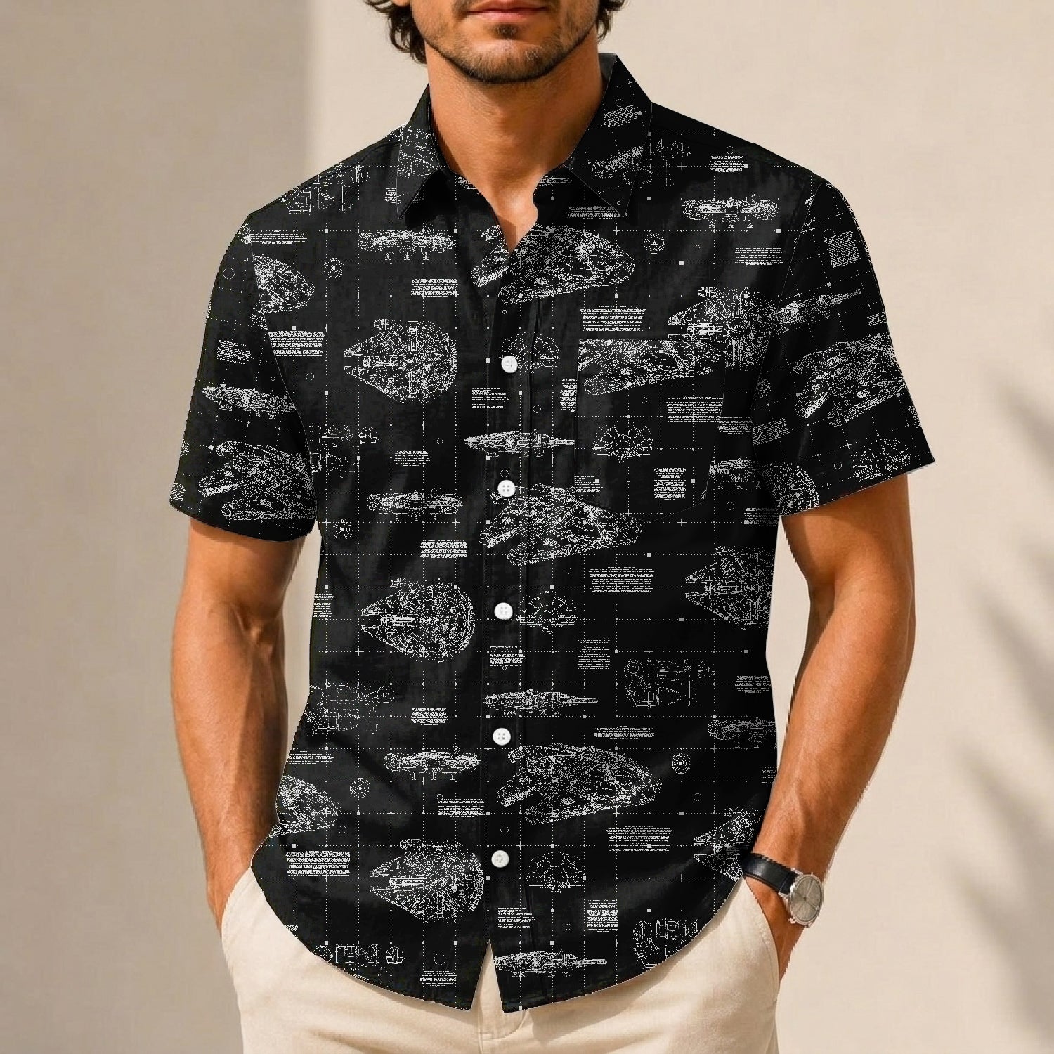 Millennium Falcon Blueprint Hawaiian Shirt with Pocket - Star Wars Schematic Button Down Shirt
