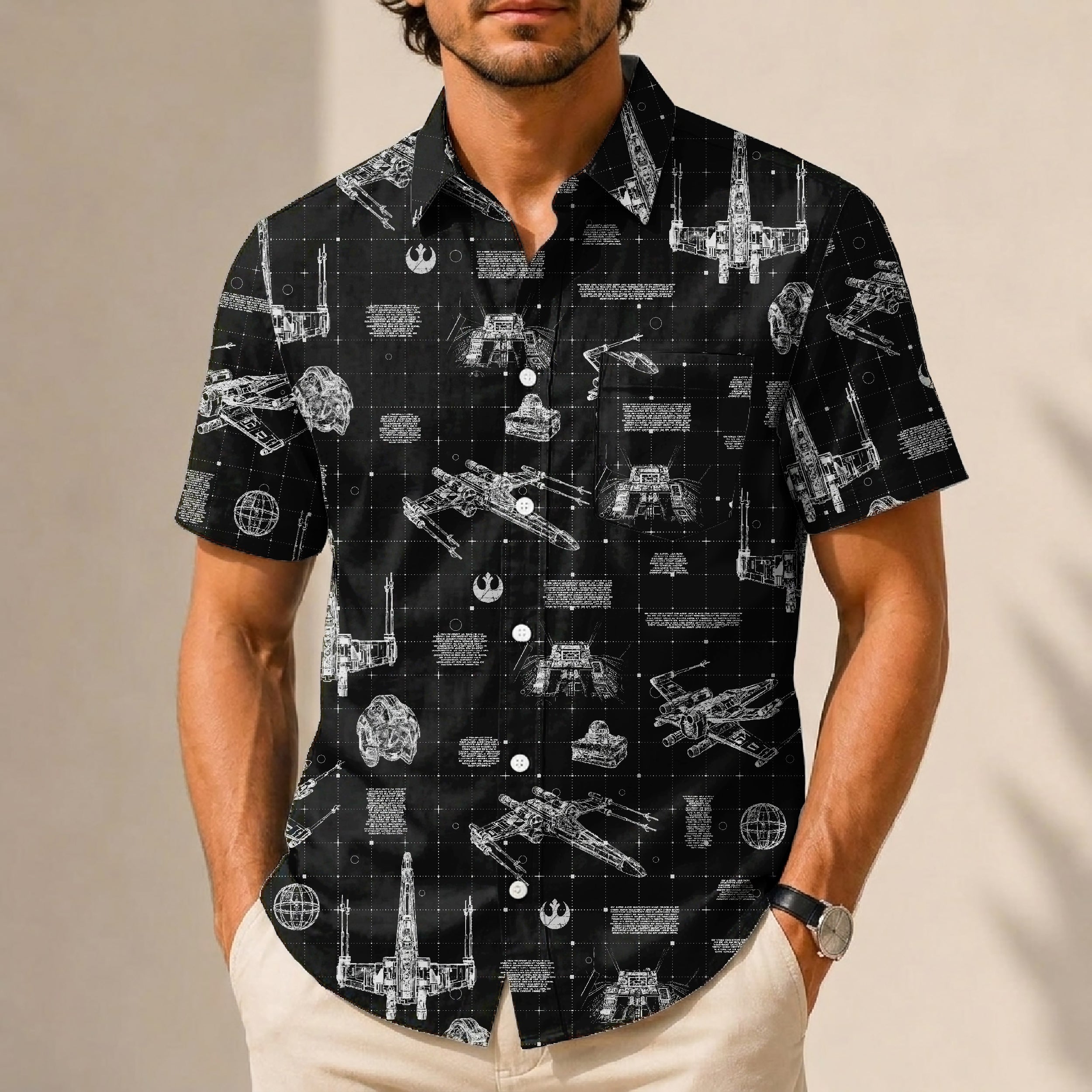 T-65B X-Wing Starfighter Blueprint Hawaiian Shirt with Pocket - Star Wars Schematic Button Down Shirt